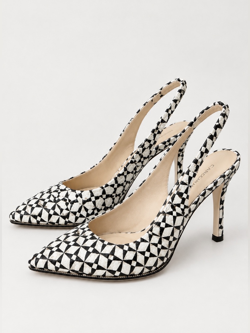Carolinna Espinosa 8 Luxury Italian Leather Geometric Black White Slingback Heel